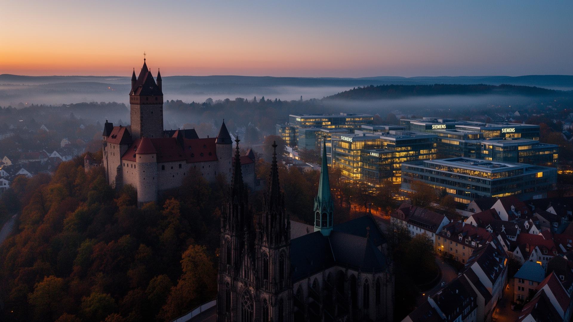 Erlangen and Nuremberg skyline at dusk