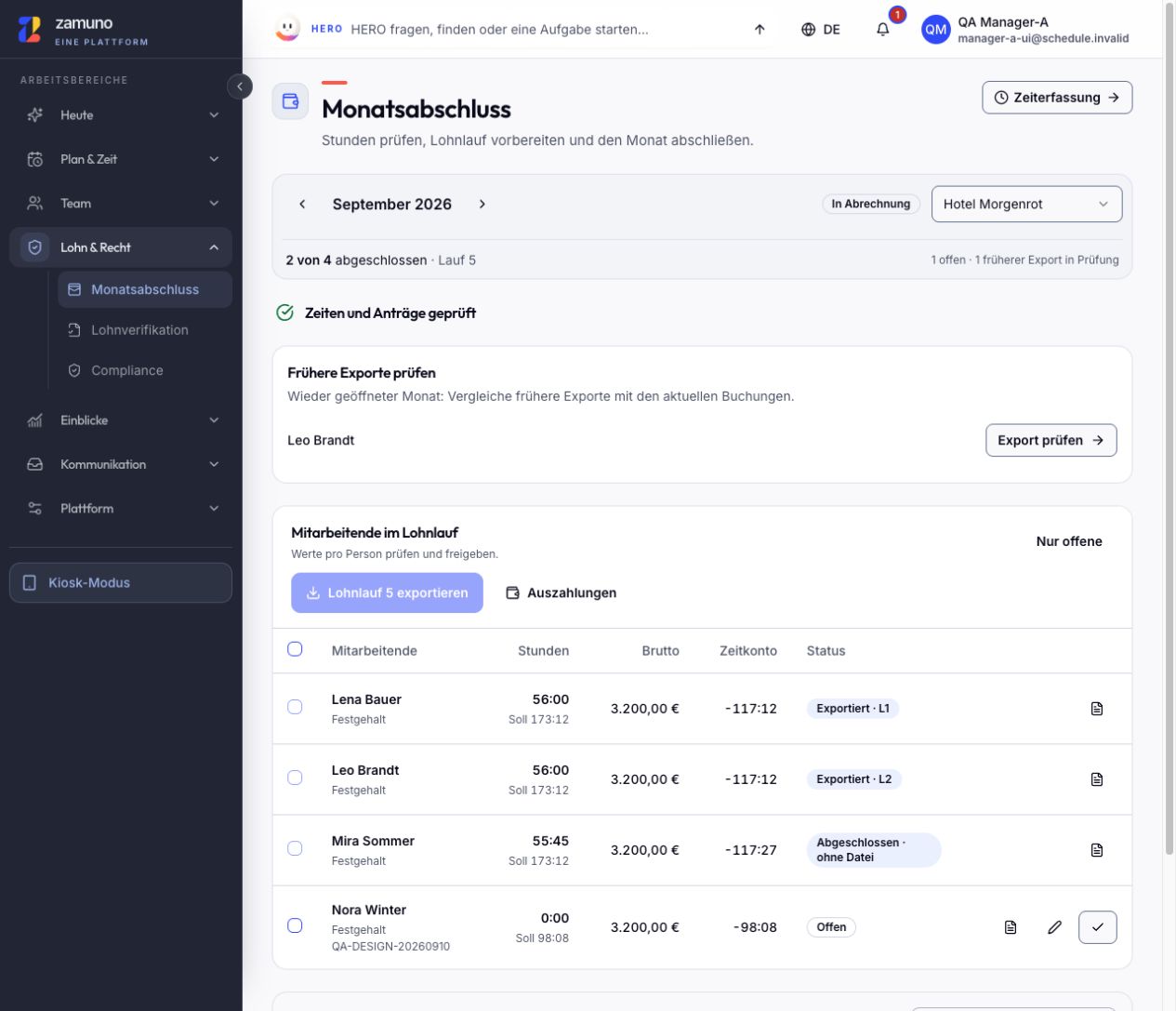 Lohn & DATEV — Aktuelle zamuno Ansicht · Demodaten